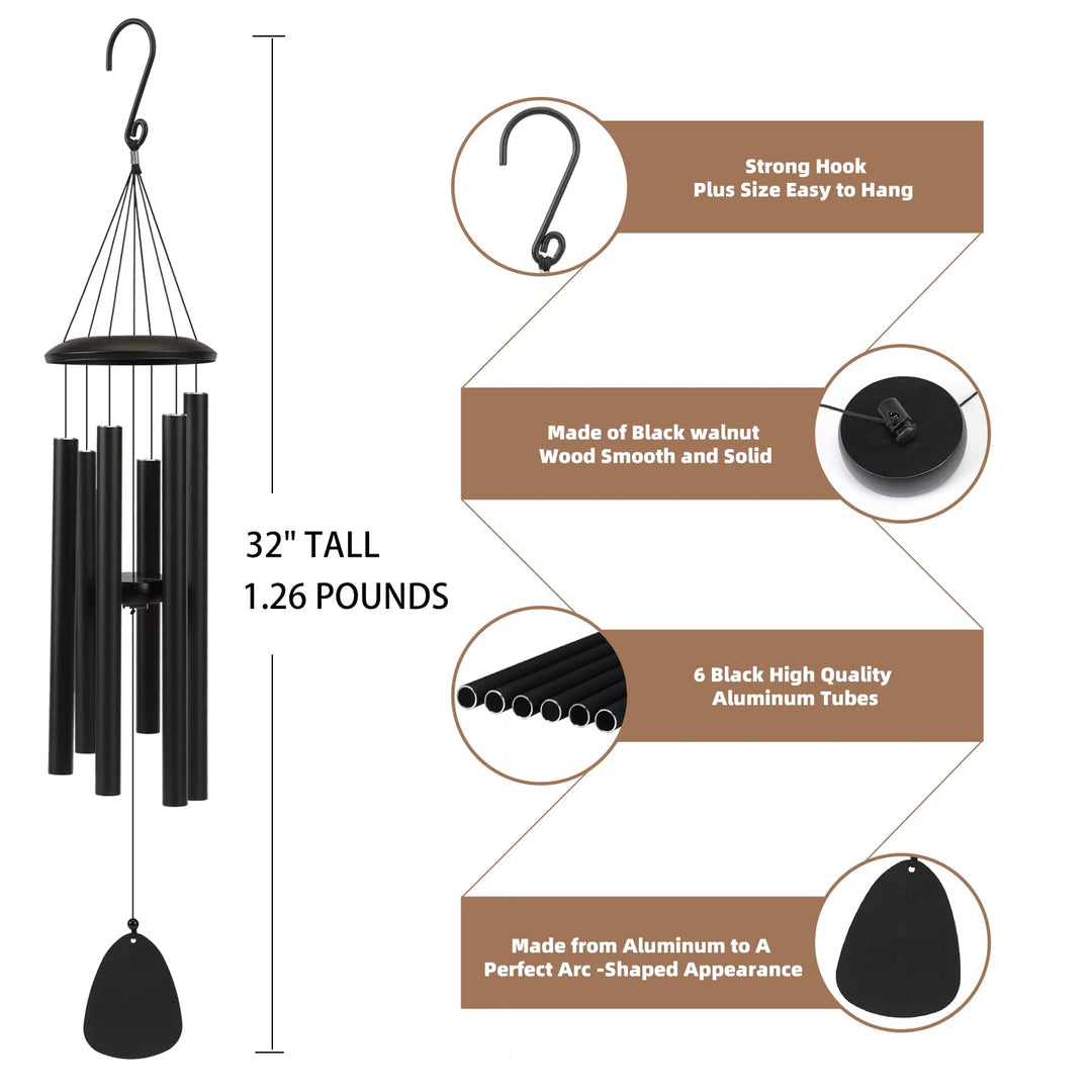 FSVGYY Wind-Chimes-Outdoor-Large-Decor, Deep Tone Soothing Melodic Tones Windchimes, Wind Chimes for Outside, Memorial Wind Chime Best Gift for Mom Women Grandma Neighbors（32" Black）