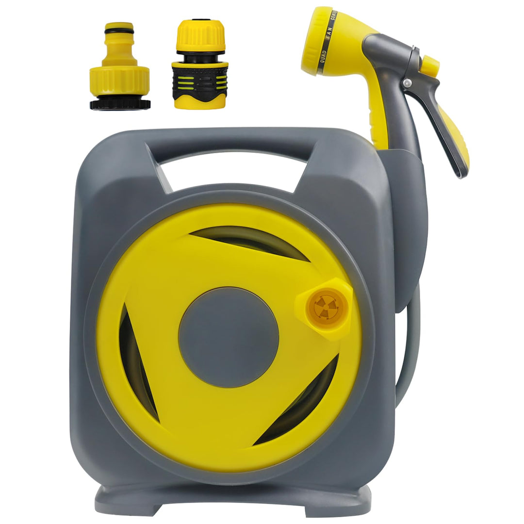 Garden Hose with Reel 50ft Expandable Water Hose with 8 Pattern Nozzle, Fits 1/2" & 3/4" Threaded Faucets,Lightweight & Flexible for Garden,Car Wash,Pet Bath,Patio Cleaning,Durable Anti-Leak Design