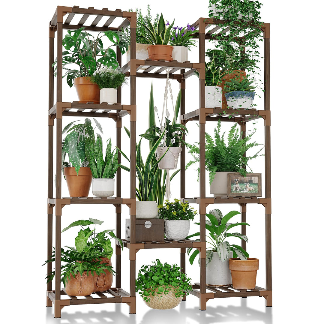 Bamworld Plant Stand Indoor Outdoor Tall Plant Shelf for Multiple Plants Pots Wood Flower Stand Large Flower Holder for Living Room, Patio, Balcony, Garden Decor, Brown